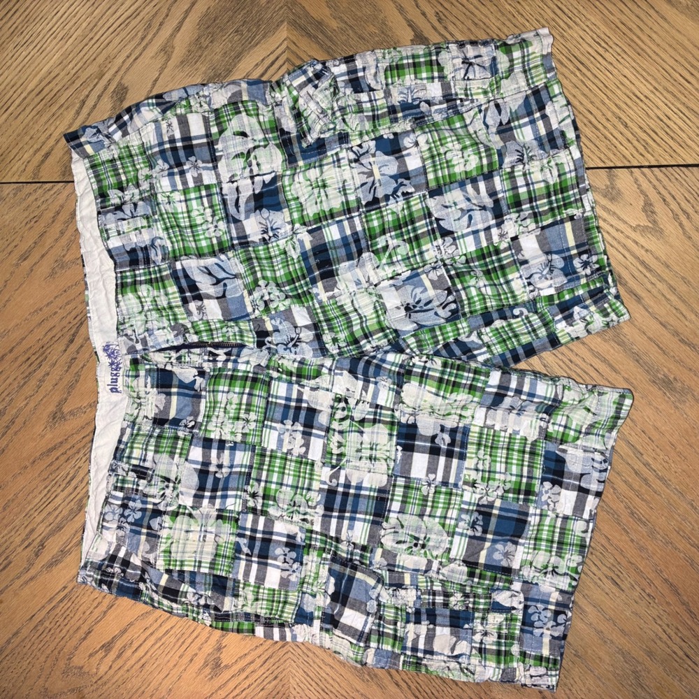 Plug Mens Plaid Patchwork Shorts Green Blue Floral Tropical Cotton Size 44